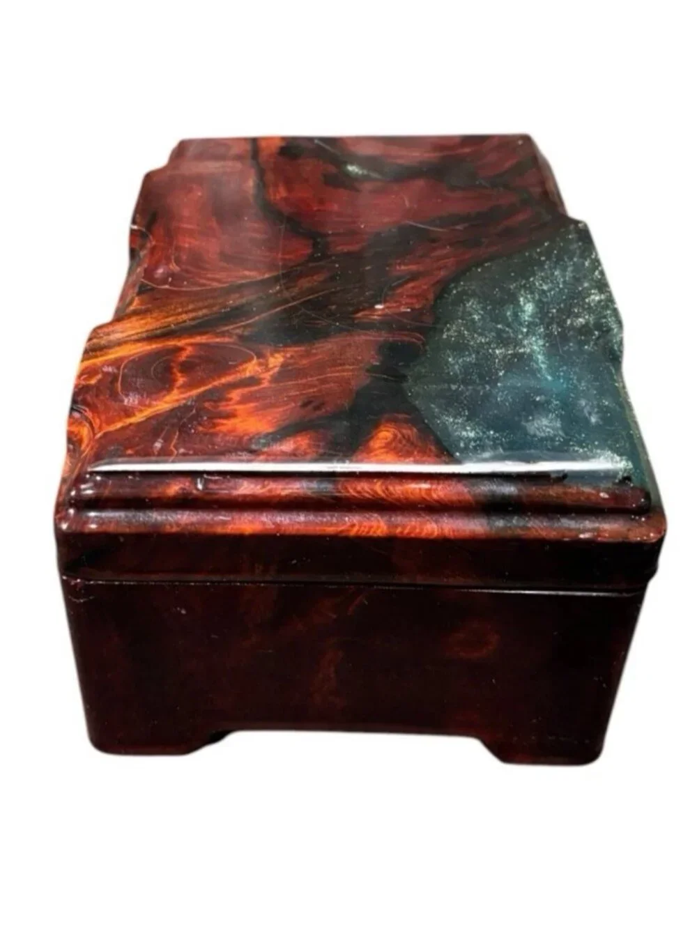 Vintage epoxy jewelry / trinket box featuring a beautiful faux burl wood swirl